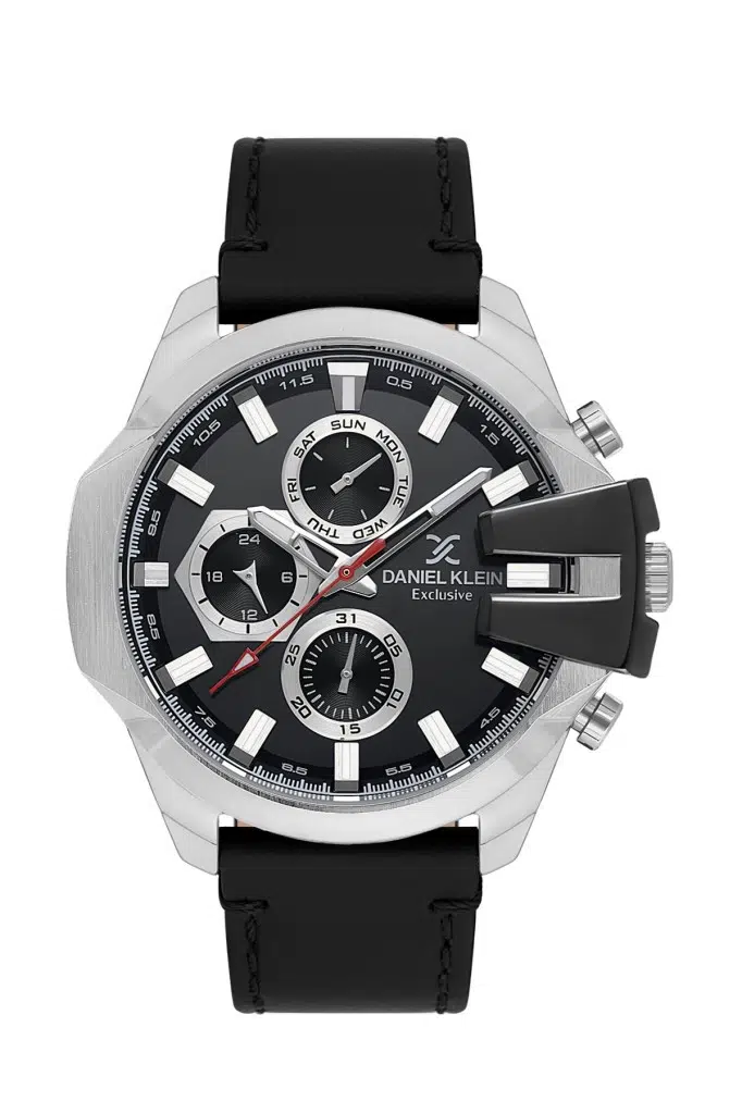 Daniel Klein DK.1.13849-1 Exclusive Tüm Fonksiyonları Aktif Deri Kordonlu Siyah Erkek Kol Saati
